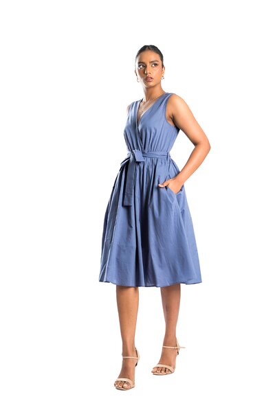 Sleeveless Elasticated Waist Tie Up Belt A Line Midi Dress - Blue