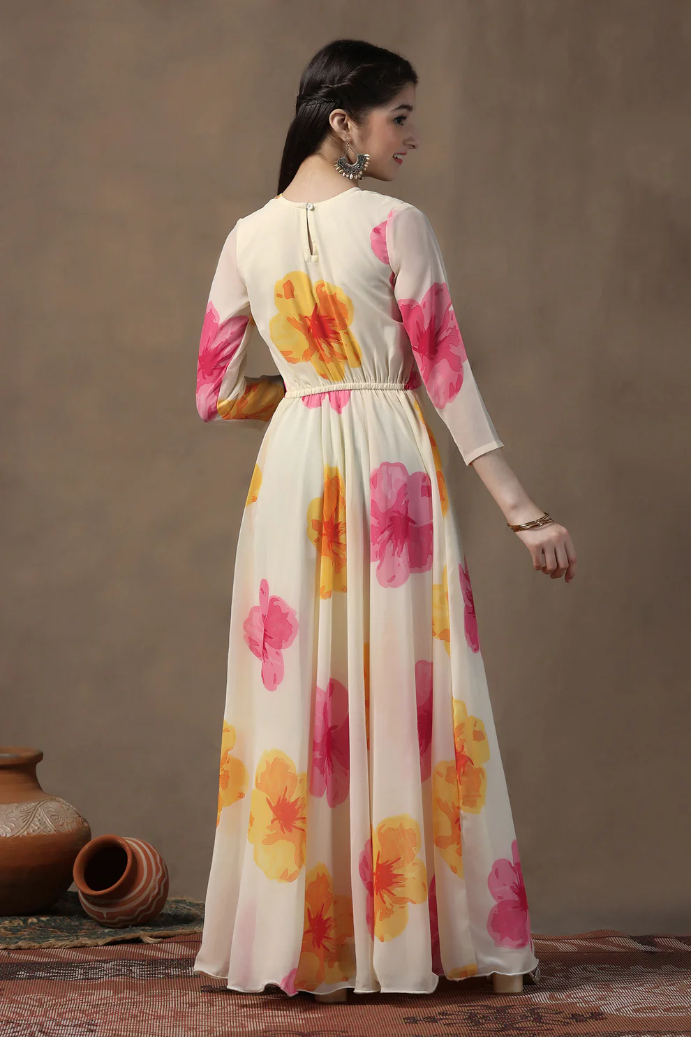 Girls Off White Georgette Floral Printed Fit & Flare Maxi length Dress