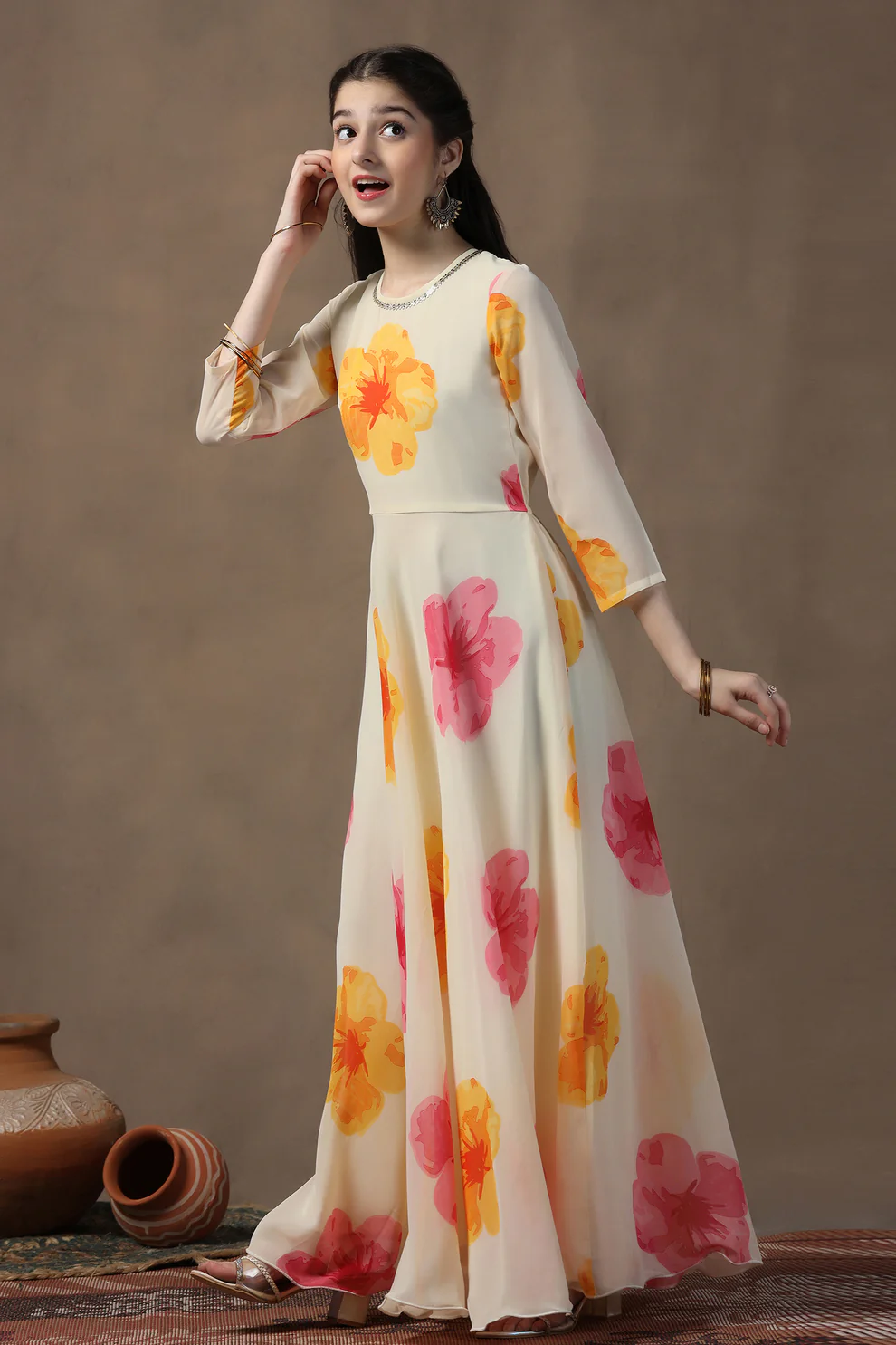 Girls Off White Georgette Floral Printed Fit & Flare Maxi length Dress image 3